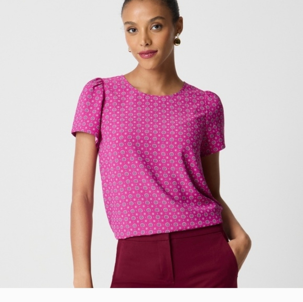 J.crew Printed short-sleeve crepe top Fuchsia L large M Medium